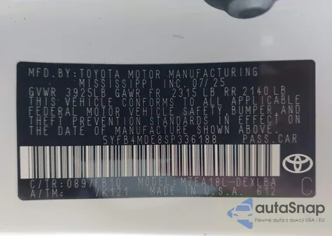 2025 Toyota Corolla Le from USA, damaged, VIN 5YFB4MDE8SP336188